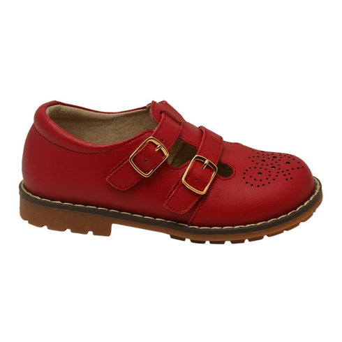 L'Amour Girls Red Double T-Strap Buckled Stitch Down Leather Shoes 11-2 Kids - SophiasStyle.com